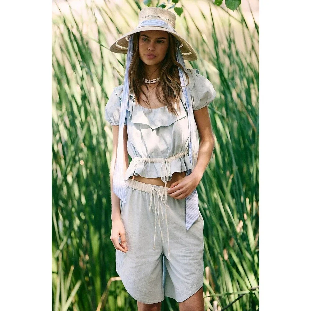 Free People Free-est Lilibeth Top Shorts Set Ruffle Cropped Cotton S New 279664